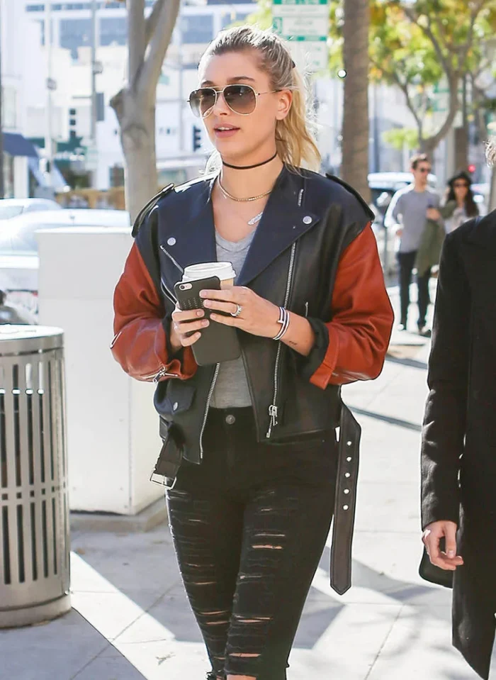 New Hailey Baldwin Black Jacket with Red Sleeves for Women - Best Offer - Image 1