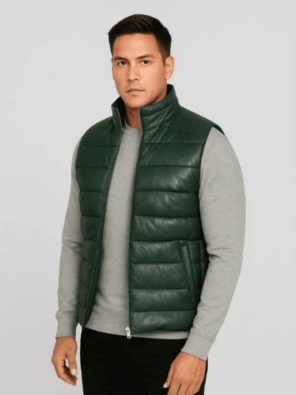 Men's Reeves Green Leather Puffer Vest