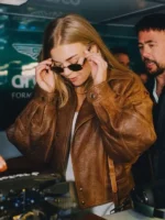 Becky Hill F1 British Grand Prix Brown Leather Jacket