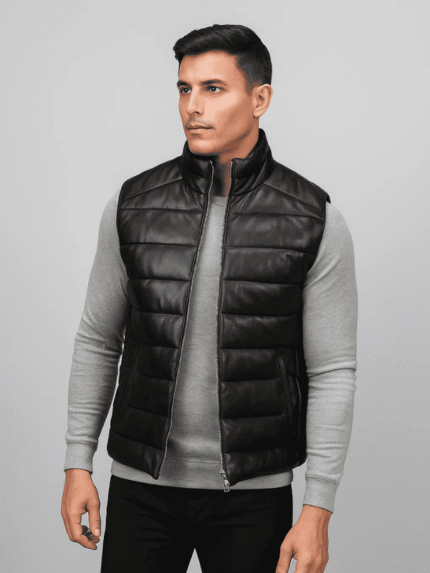 Men's Reeves Black Leather Puffer Vest