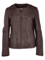 Collarless Leather Jacket Mid Brown
