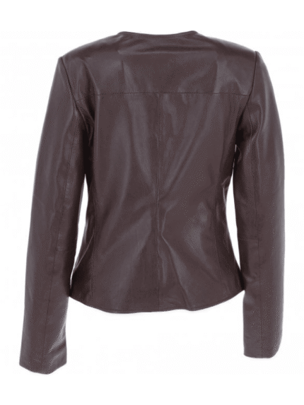Collarless Brown Casual Leather Jacket