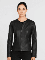 Women's Collarless Black Casual Leather Jacket