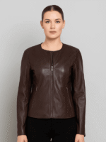 Women's Collarless Brown Casual Leather Jacket