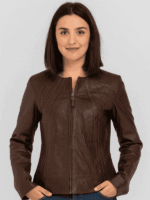 Women's Collarless Leather Jacket Mid Brown