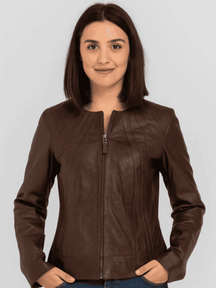 Women's Collarless Leather Jacket Mid Brown
