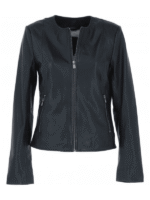 Collarless Black Casual Leather Jacket