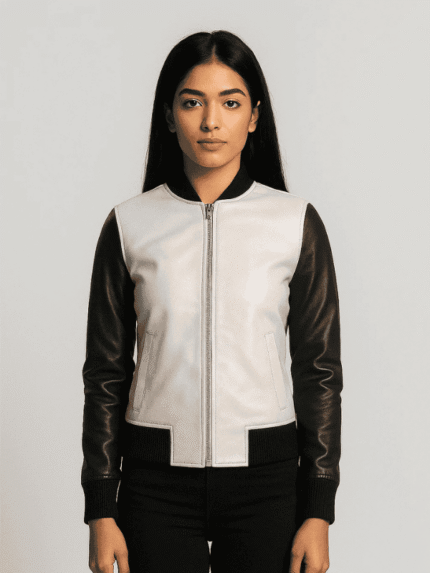 Women's Silver Leather Bomber Jacket