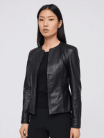 Women's Black Collarless Leather Jacket