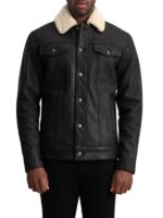 Distressed Black Leather Shearling Trucker Jacket