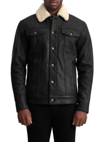 Distressed Black Leather Shearling Trucker Jacket