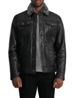 Black Leather Shearling Trucker Jacket