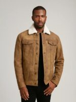 Distressed Brown Leather Shearling Trucker Jacket