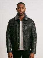 Men's Black Leather Shearling Trucker Jacket