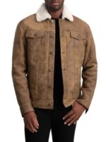 Men's Distressed Leather Shearling Trucker Jacket