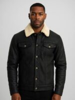 Men's Distressed Black Leather Shearling Trucker Jacket