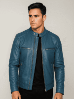 Men's Blue Real Leather Biker Jacket