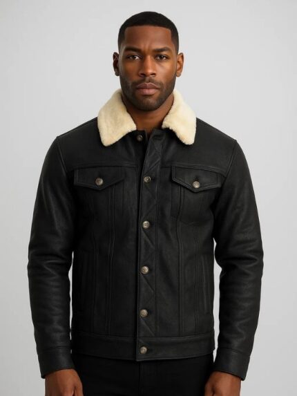 Men's Distressed Black Leather Shearling Trucker Jacket