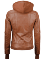 Women's Tan Leather Jacket with Detachable Hood