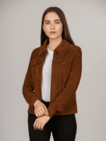 Women's Tan Brown Oversized Suede Trucker Jacket
