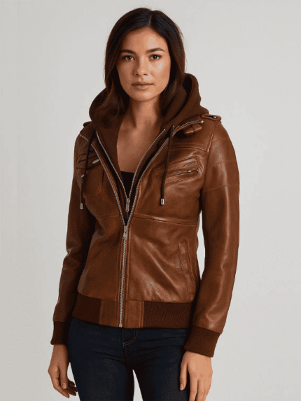 Women's Bomber Brown Leather Jacket with Hood