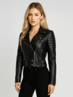 Women's Black Cropped Leather Moto Jacket