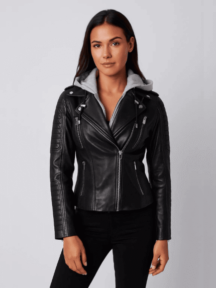 Women's Black Leather Hooded Biker Jacket