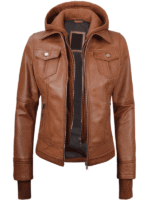 Women's Tan Leather Jacket with Hood