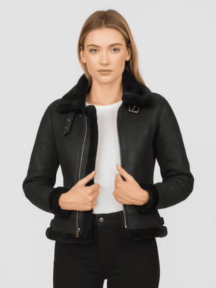 Women's B-3 Black Leather Bomber Jacket