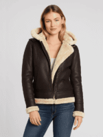 Women's Dark Brown Shearling Hooded Leather Jacket