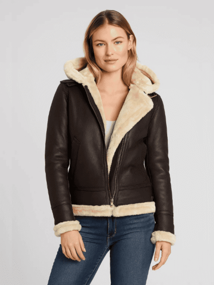 Women's Dark Brown Shearling Hooded Leather Jacket