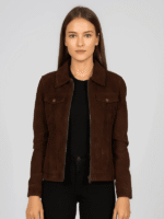 Women's Brown Oversized Suede Trucker Jacket
