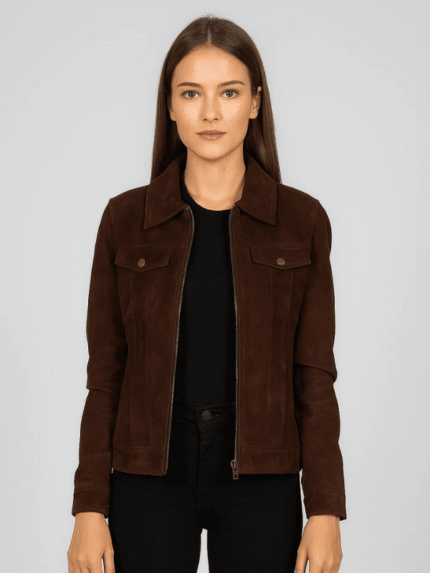 Women's Brown Oversized Suede Trucker Jacket