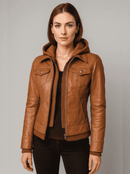 Women's Leather Jacket with Detachable Hood