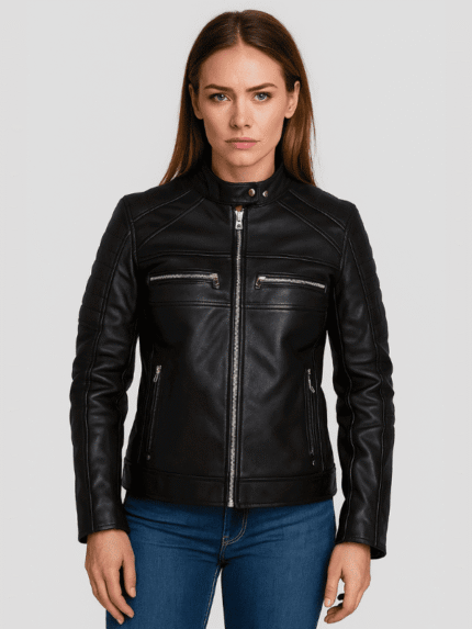 Women’s Black Cafe Racer Biker Jacket