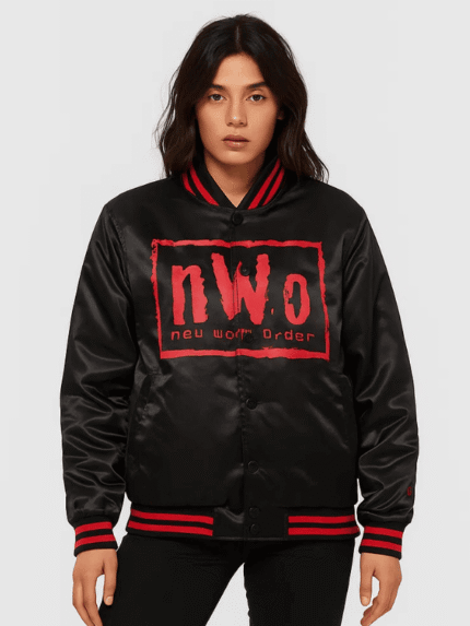 Women's Black Bomber NWO Red Logo Varsity Jacket