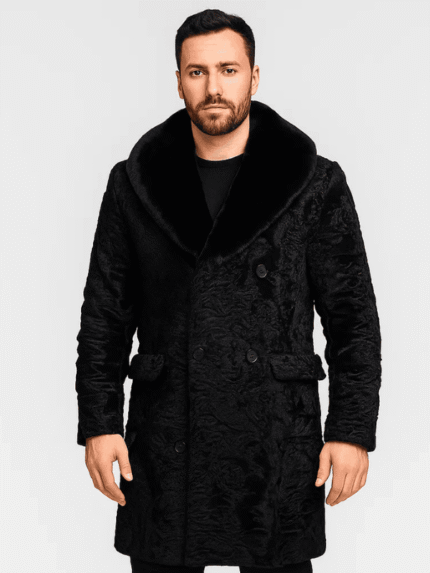 Men's Black Persian Lamb Fur Long Coat