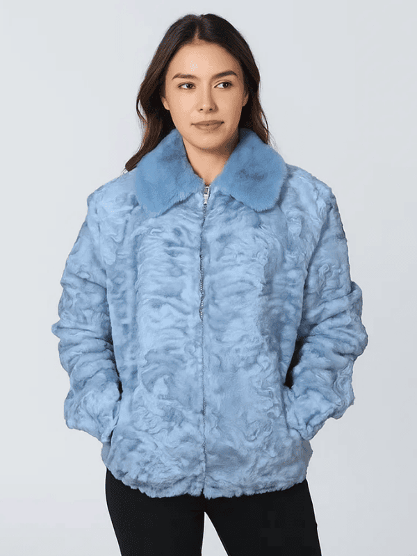 3 Women's Blue Persian Lamb Fur Bomber Jacket