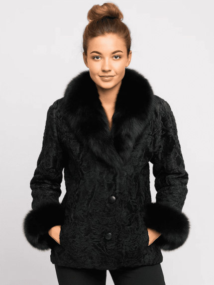 Women’s Black Persian Lamb Fur Coat with Fox Fur Collar