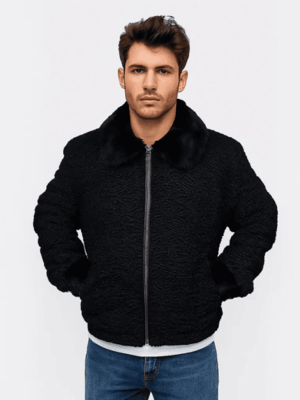 Men's Black Persian Lamb Fur with Mink Collar Jacket