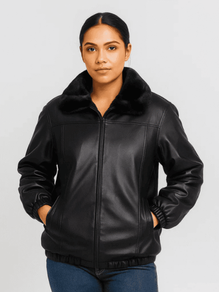 Women's Black Leather Jacket With Mink Collar