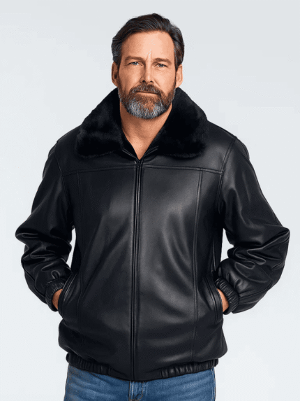 Men's Black Leather Jacket With Mink Collar