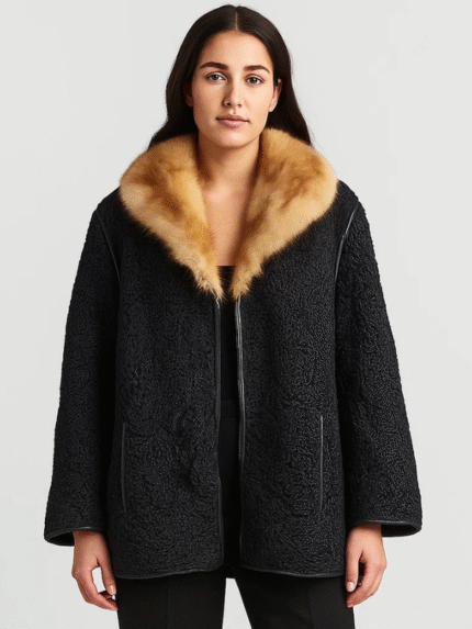 Women’s Black Persian Lamb Fur Coat with Mink Fur Collar