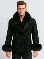 Men’s Black Persian Lamb Fur Coat with Fox Fur Collar