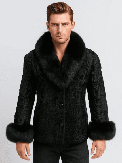 Men’s Black Persian Lamb Fur Coat with Fox Fur Collar