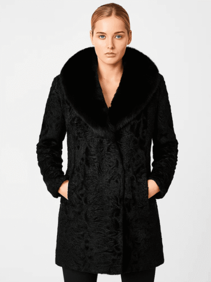 Women's Black Persian Lamb Fur Long Coat