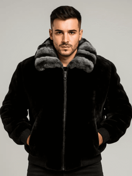 Men's Mink Fur Bomber Jacket with Chinchilla Collar