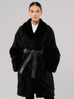 Women's Black Astrakhan Fur Coat With Mink Sleeves