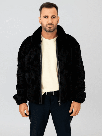 Men's Luxury Black Persian Lamb Fur Bomber Jacket