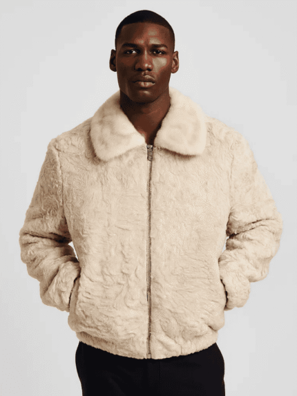 Men's Off White Persian Fur Bomber Jacket